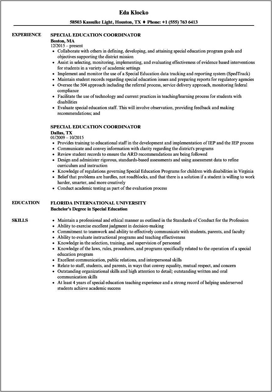 Director Of Special Education Resume Sample