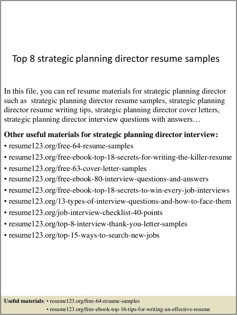 Director Of Strategic Planning Resume Examples