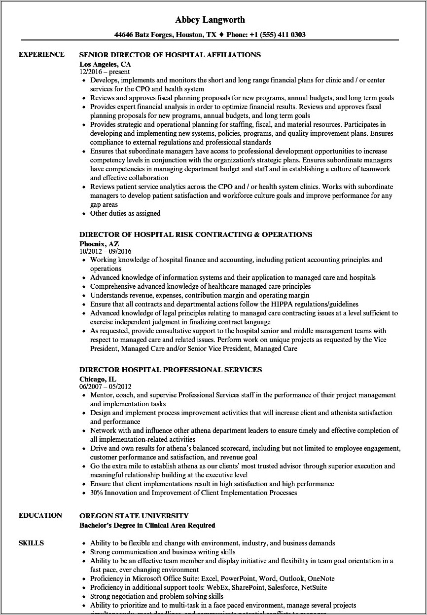 Director Outpatient Hospital Healthcare Resume Objective