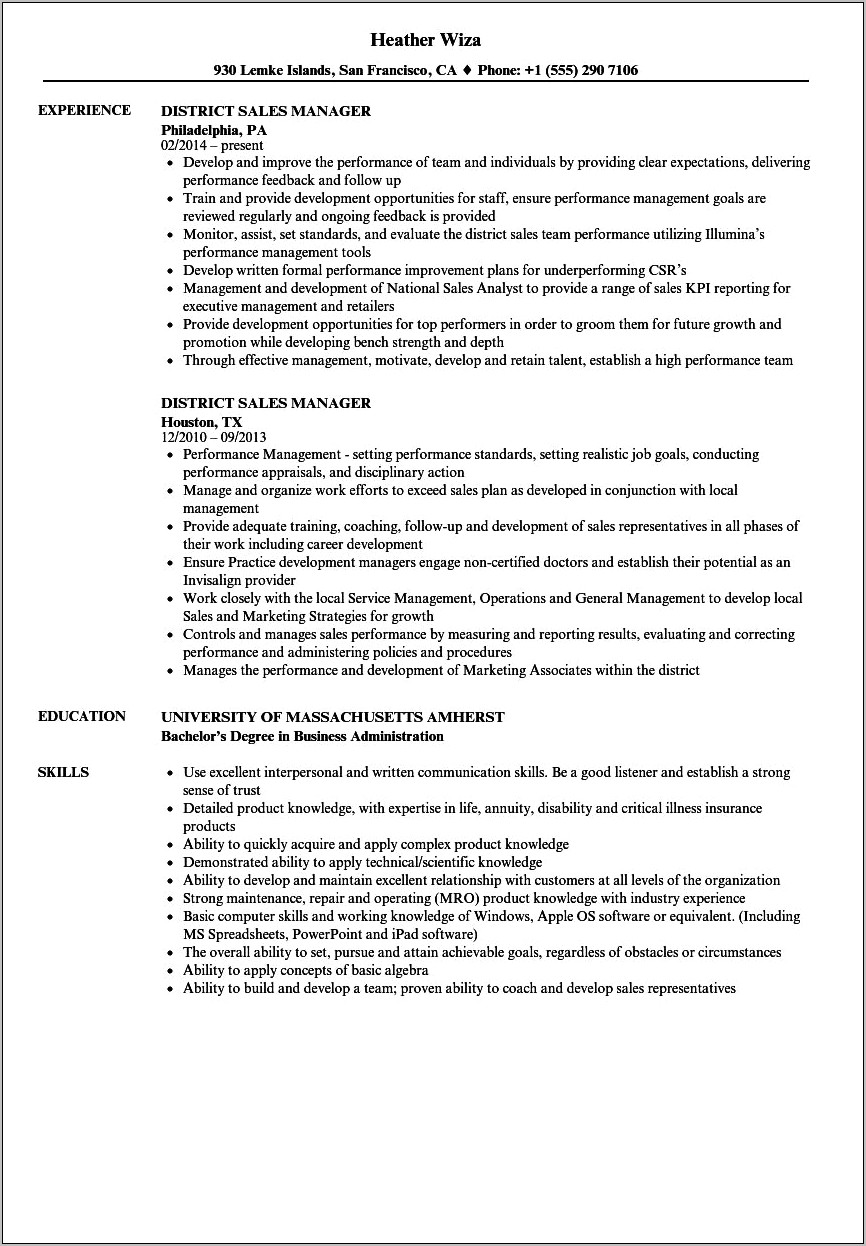 District Manager Professional Experience Resume Examples