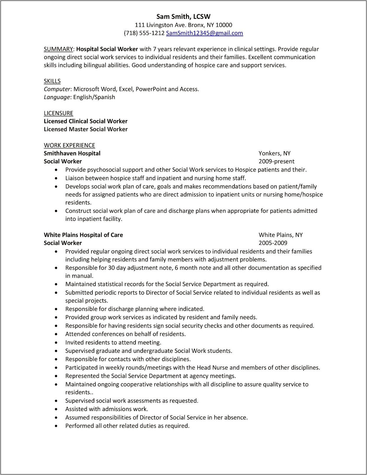 Does Resume Have Social Work Experience