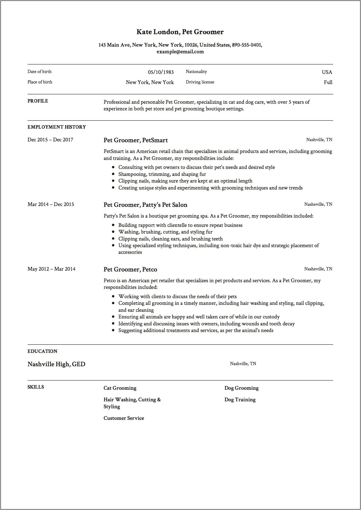 Dog Groomer Job Description Resume