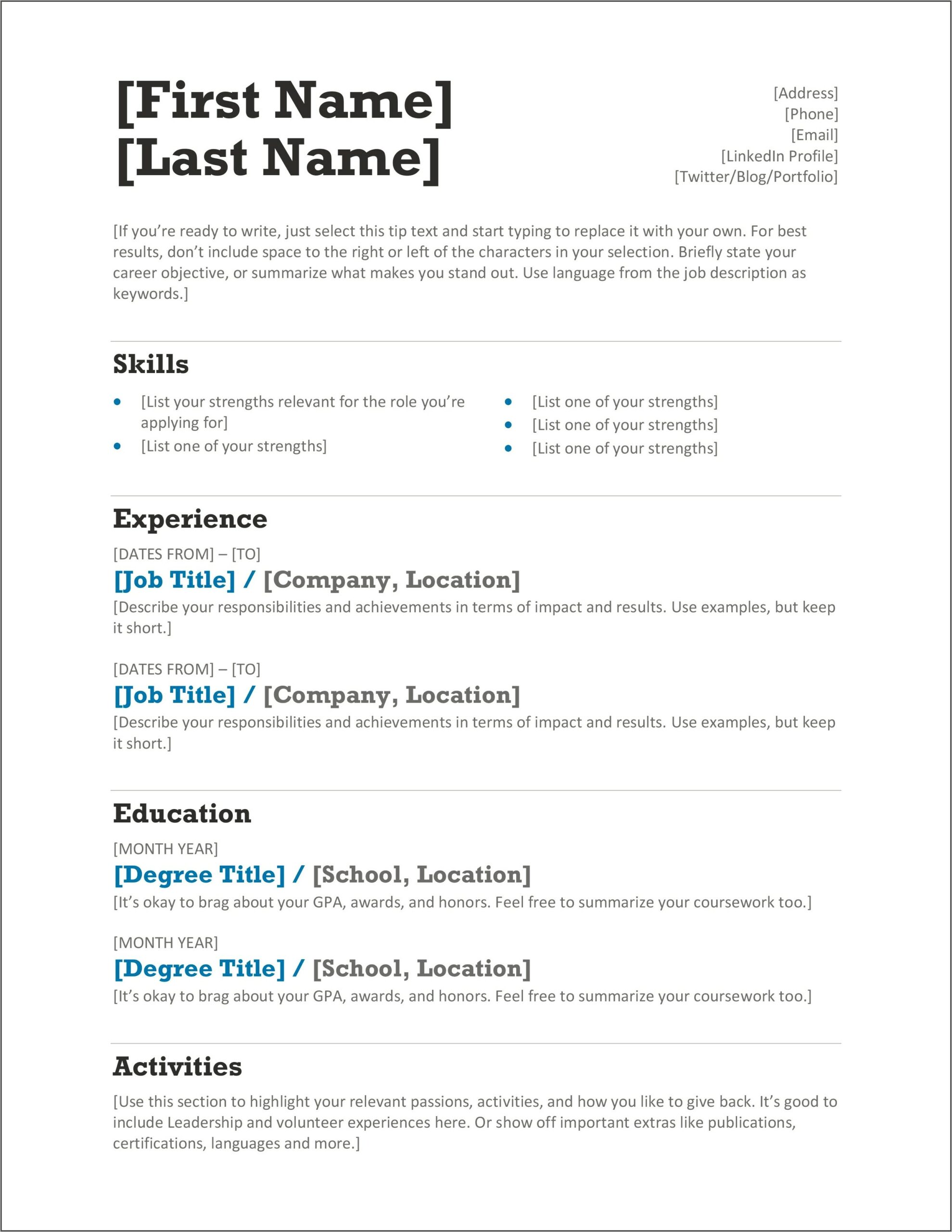 Download Example Resume Format Word File Free Download
