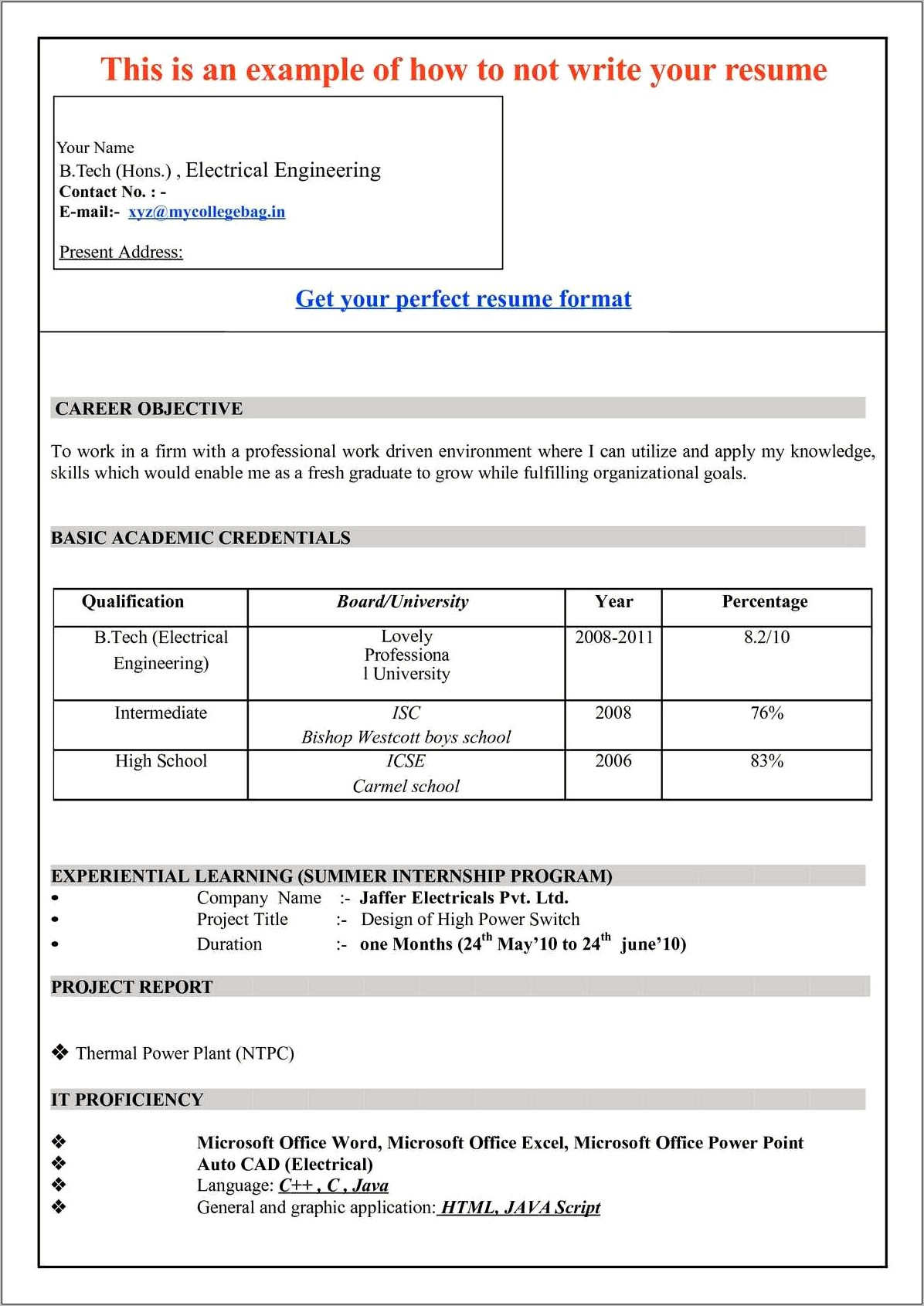 Download Resume Format In Ms Word 2007