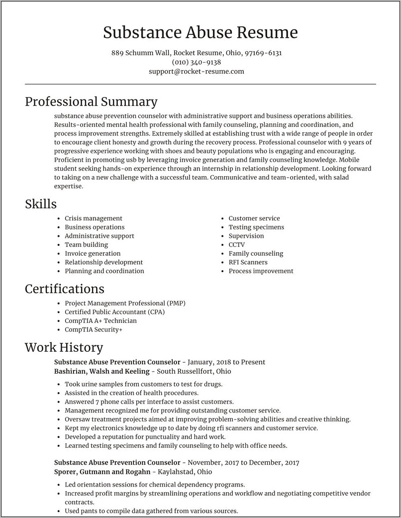 Drug And Alcohol Counselor Resume Sample