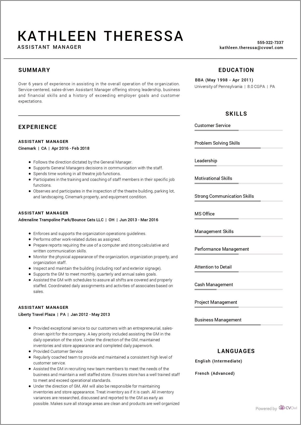 Duties Of An Assistant Manager Resume