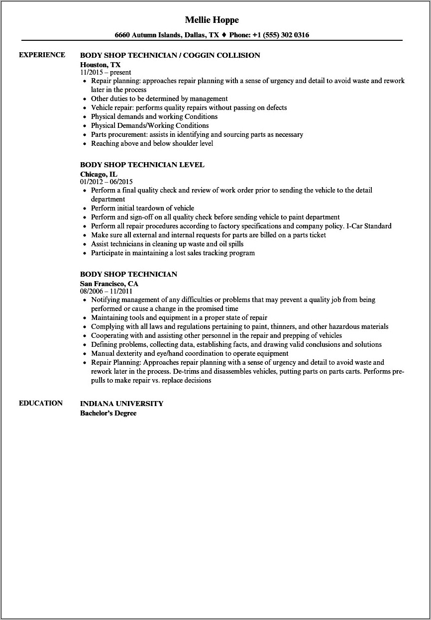 Duty Descriptions For Auto Body Paint Tech Resume