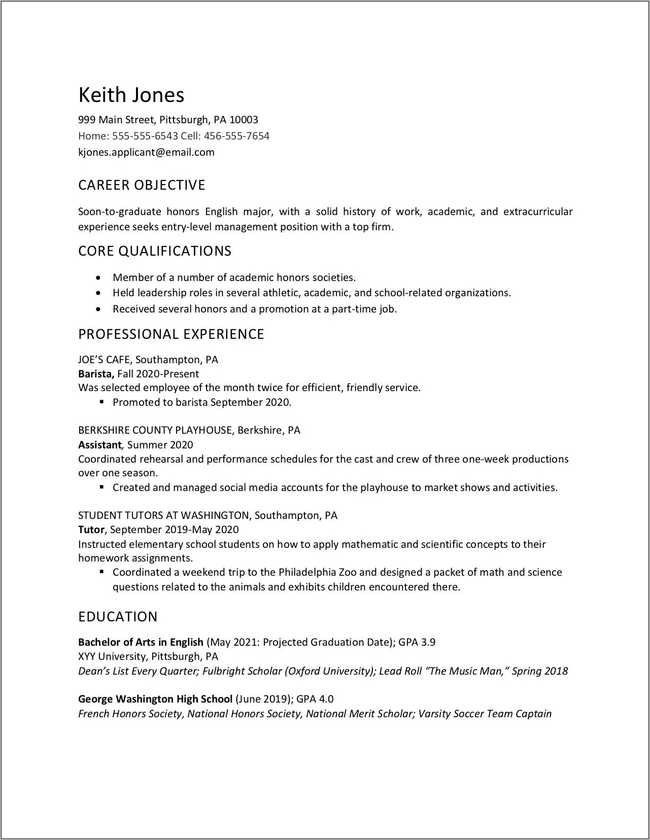 Education On Resume For High School Student