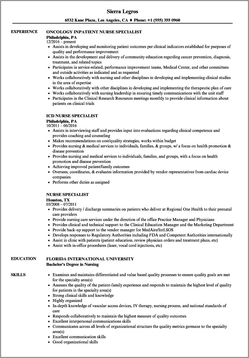 Education Specialist For Nursing Job Description For Resume
