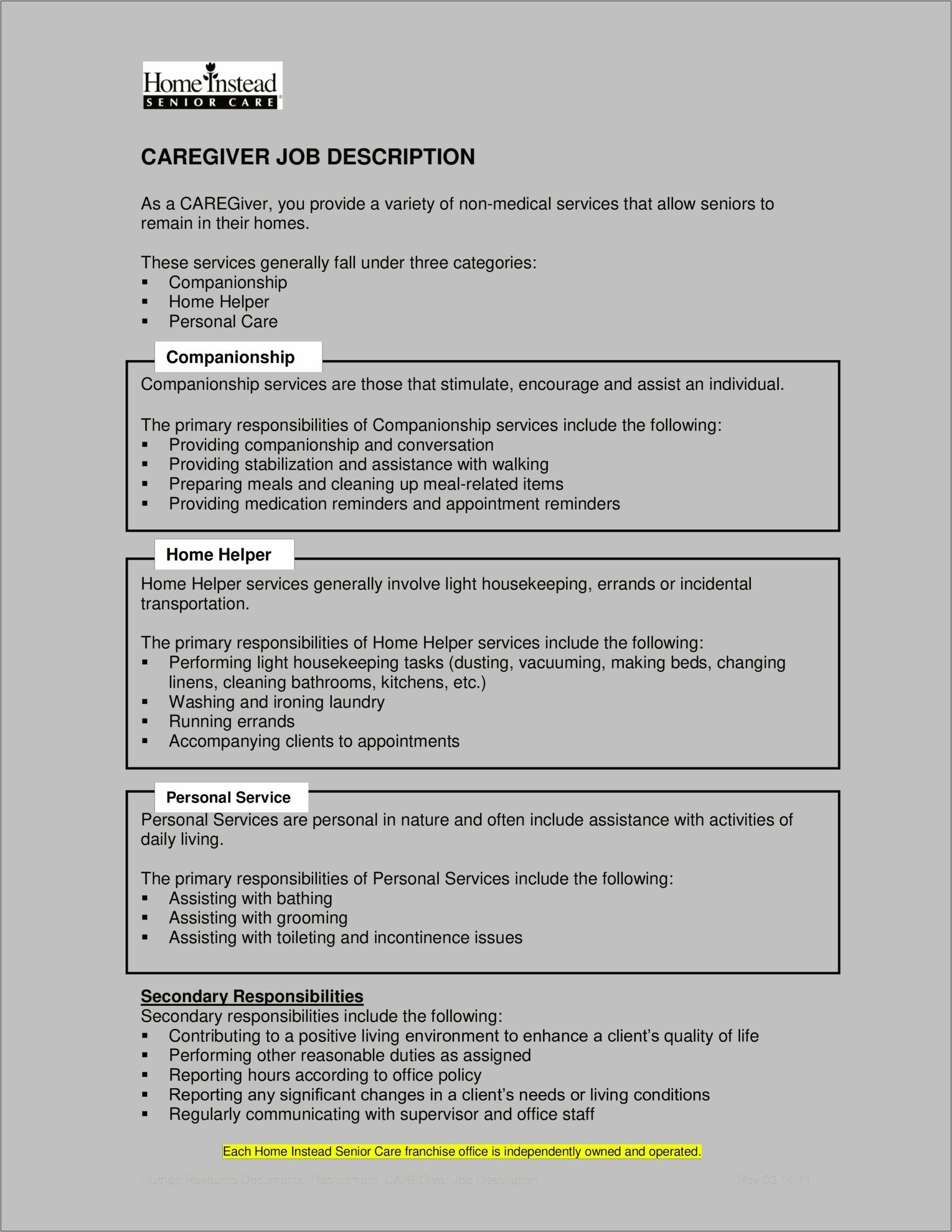 Elderly Caregiver Job Description For Resume