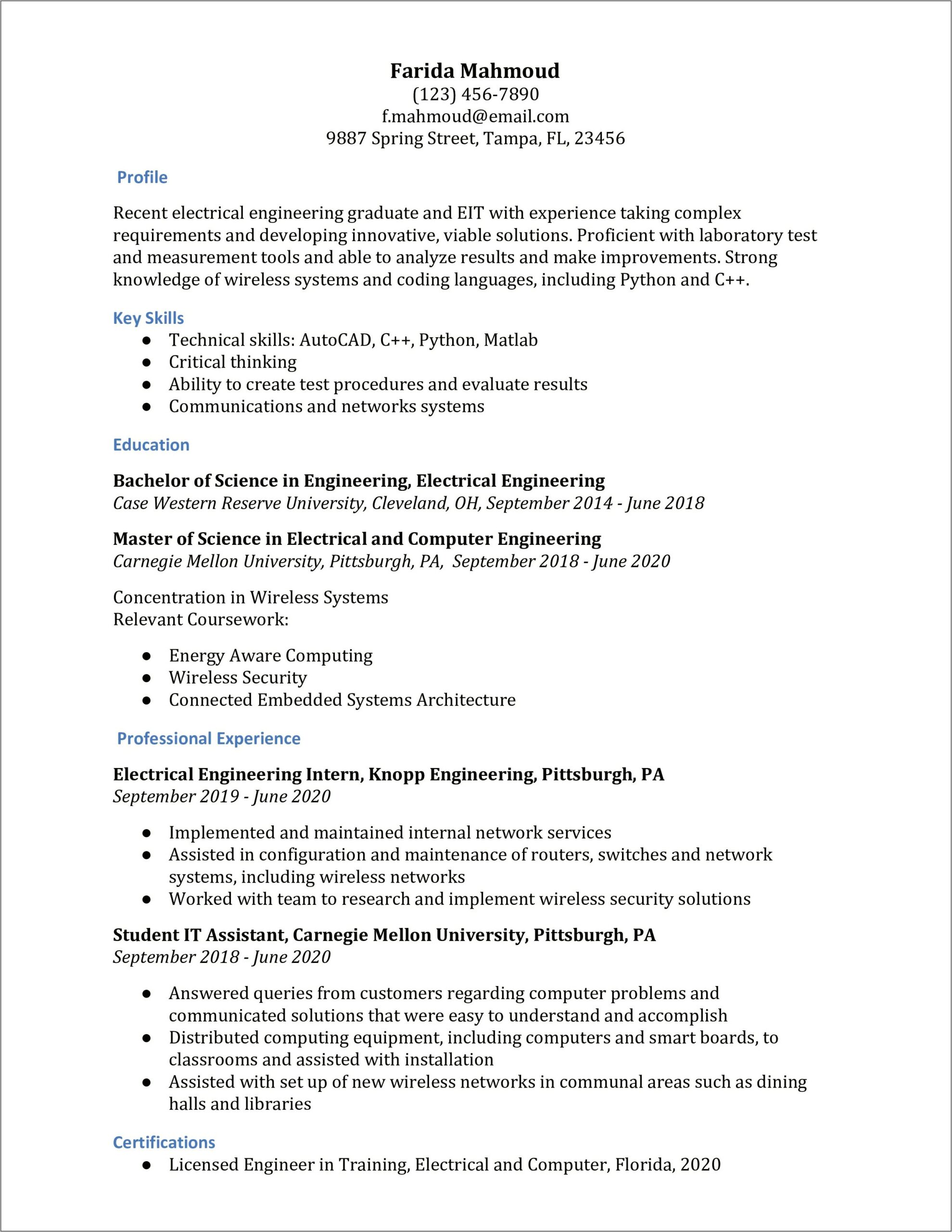 Electrical And Computer Engineering Resume Samples