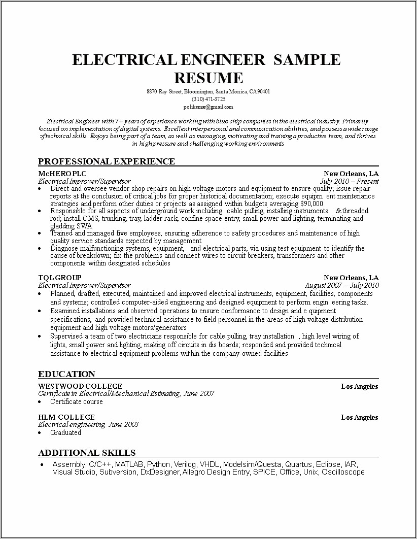 Electrical And Electronic Sample Resume