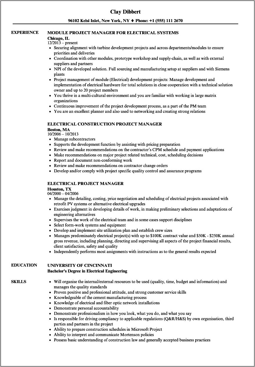 Electrical Construction Project Manager Resume Sample
