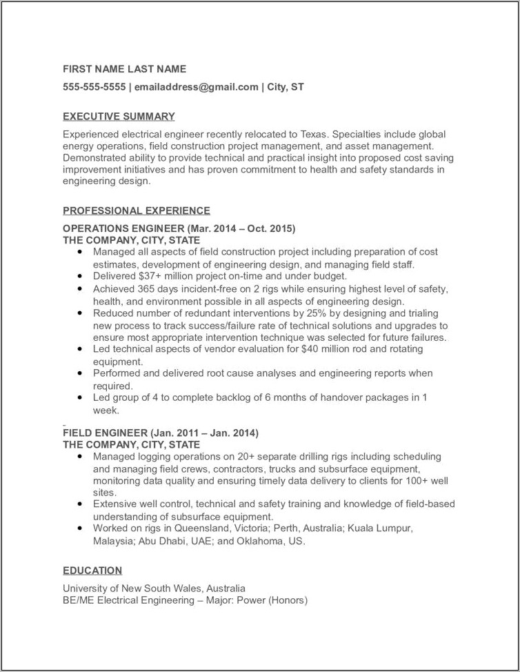 Electrical Engineer Job Description For Resume