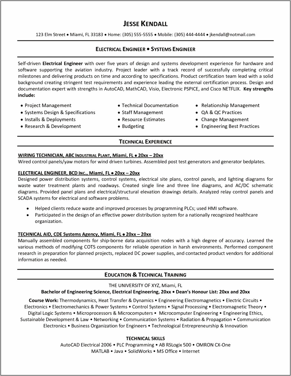 Electrical Engineering Resume Objective For Entry Level