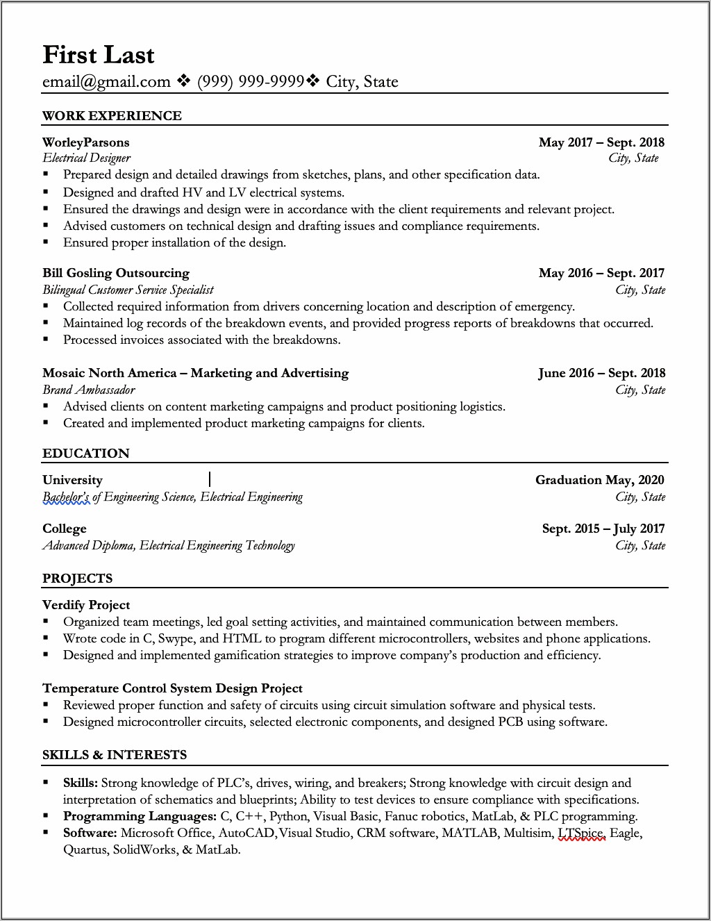 Electrical Engineering Undergrad Student Sample Resume
