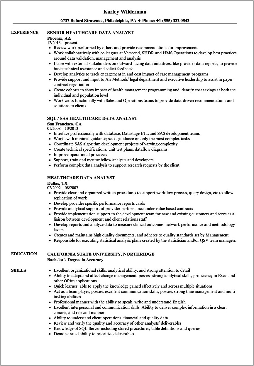 Electronic Health Records Analyst Resume Entry Level Sample