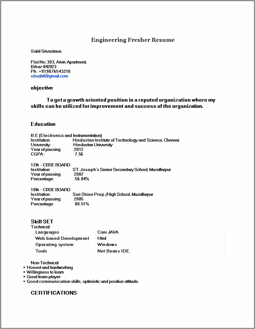 Electronics Engineering Resume Samples For Fresher