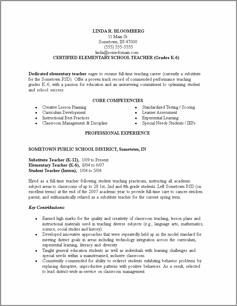 Elementary Education Job Responsibilities For Resumes