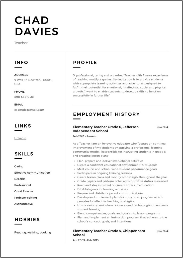 Elementary Education Teaching Resume Experience Descriptions