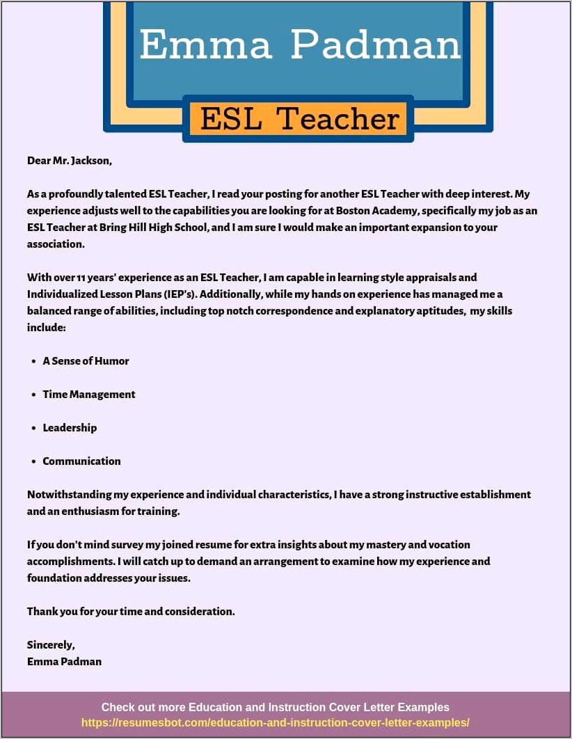 Elementary Esl Education Resume Cover Letter
