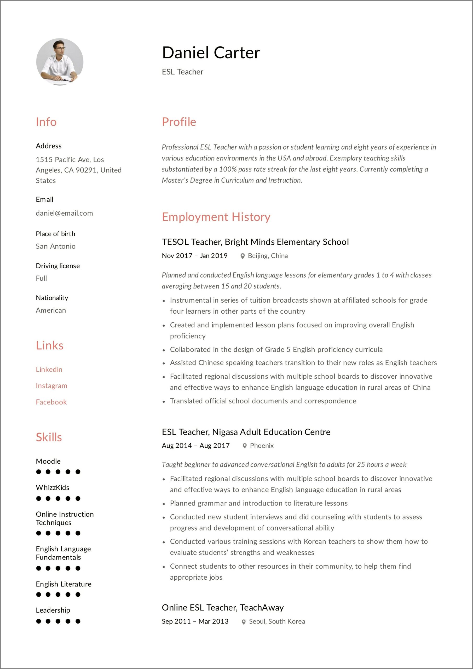 Elementary Esl Teacher Job Description Resume