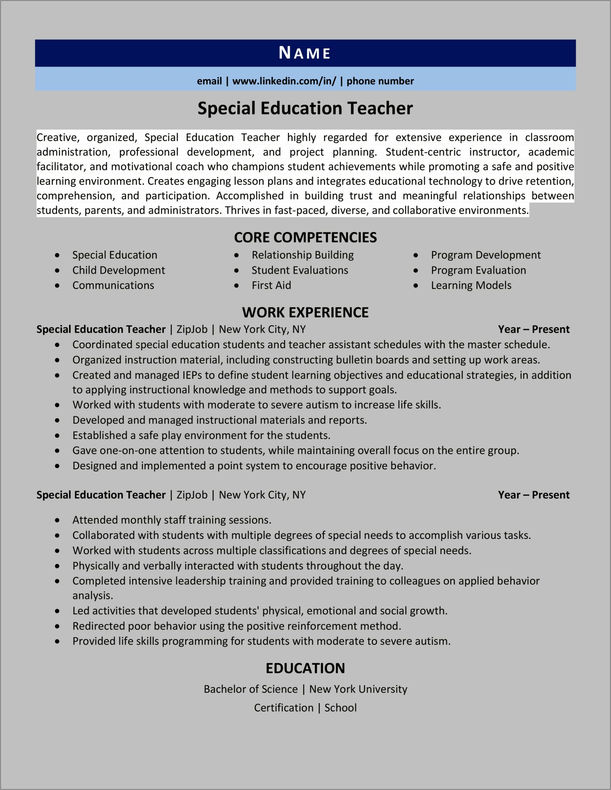 Elementary Special Education Teacher Resume Sample