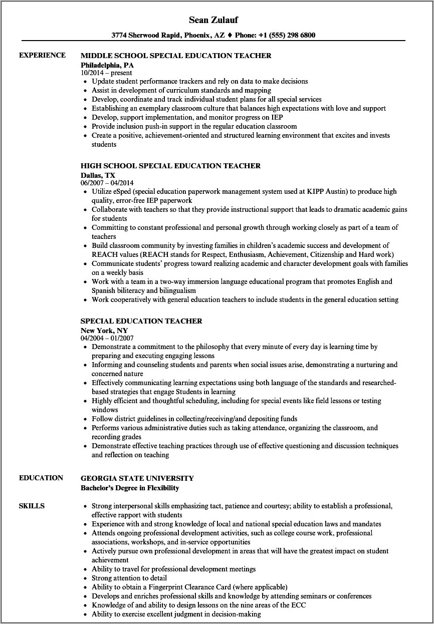 Elementary Special Education Teaching Resume Experience Descriptions