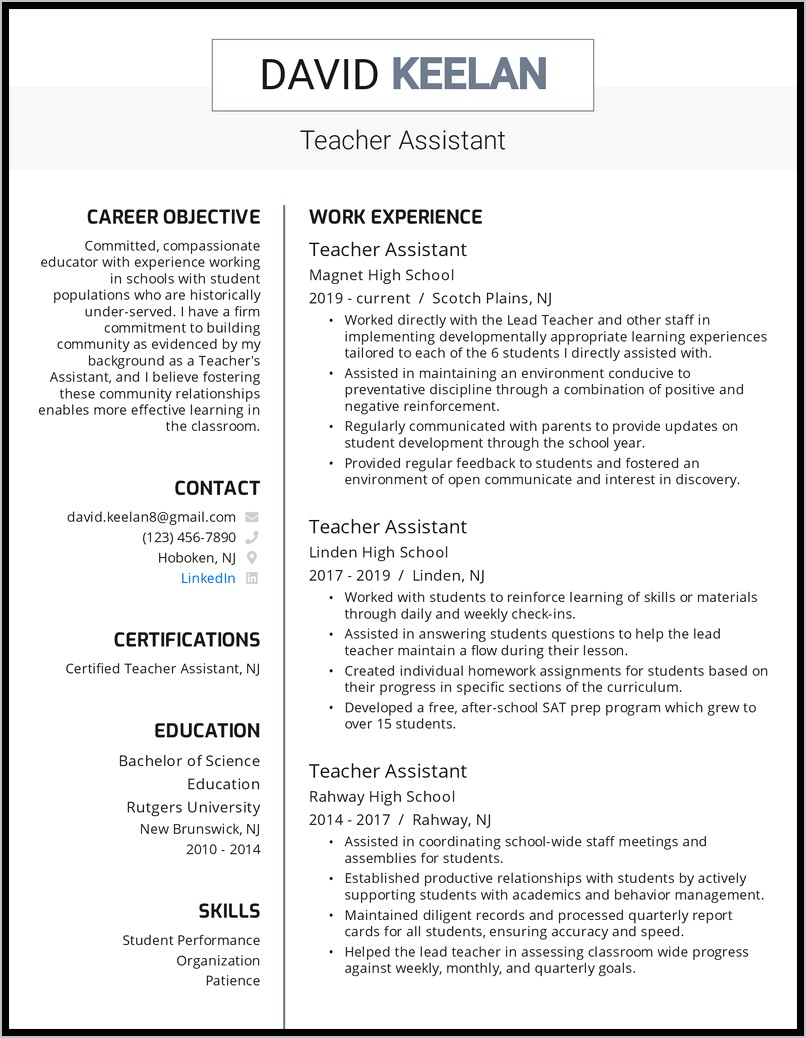 Elementary Teacher Job Description Resume