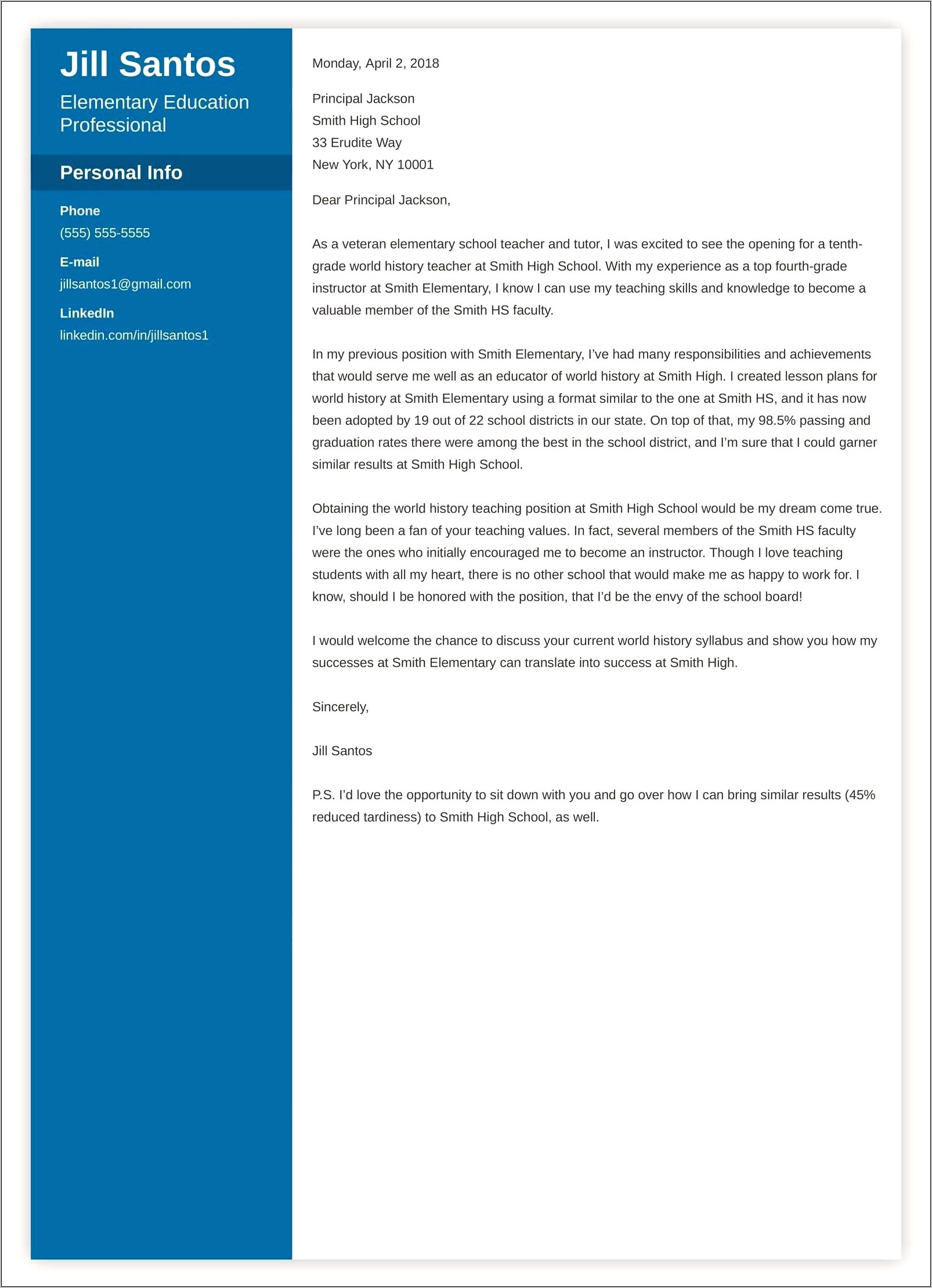 Elementary Teacher Resume Cover Letter Samples