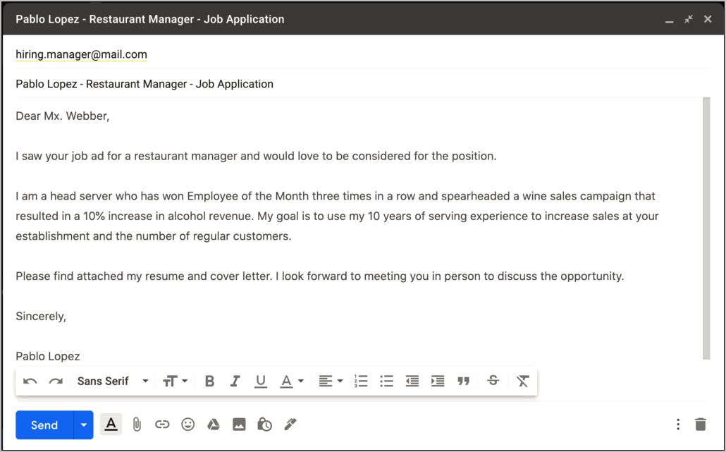 Email Attached Cover Letter And Resume