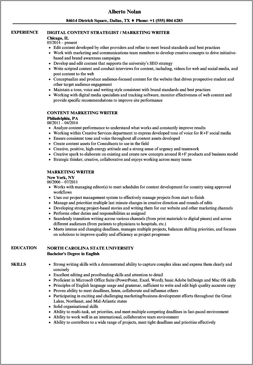 Email Marketing And Advertising Content Writer Resume Summary