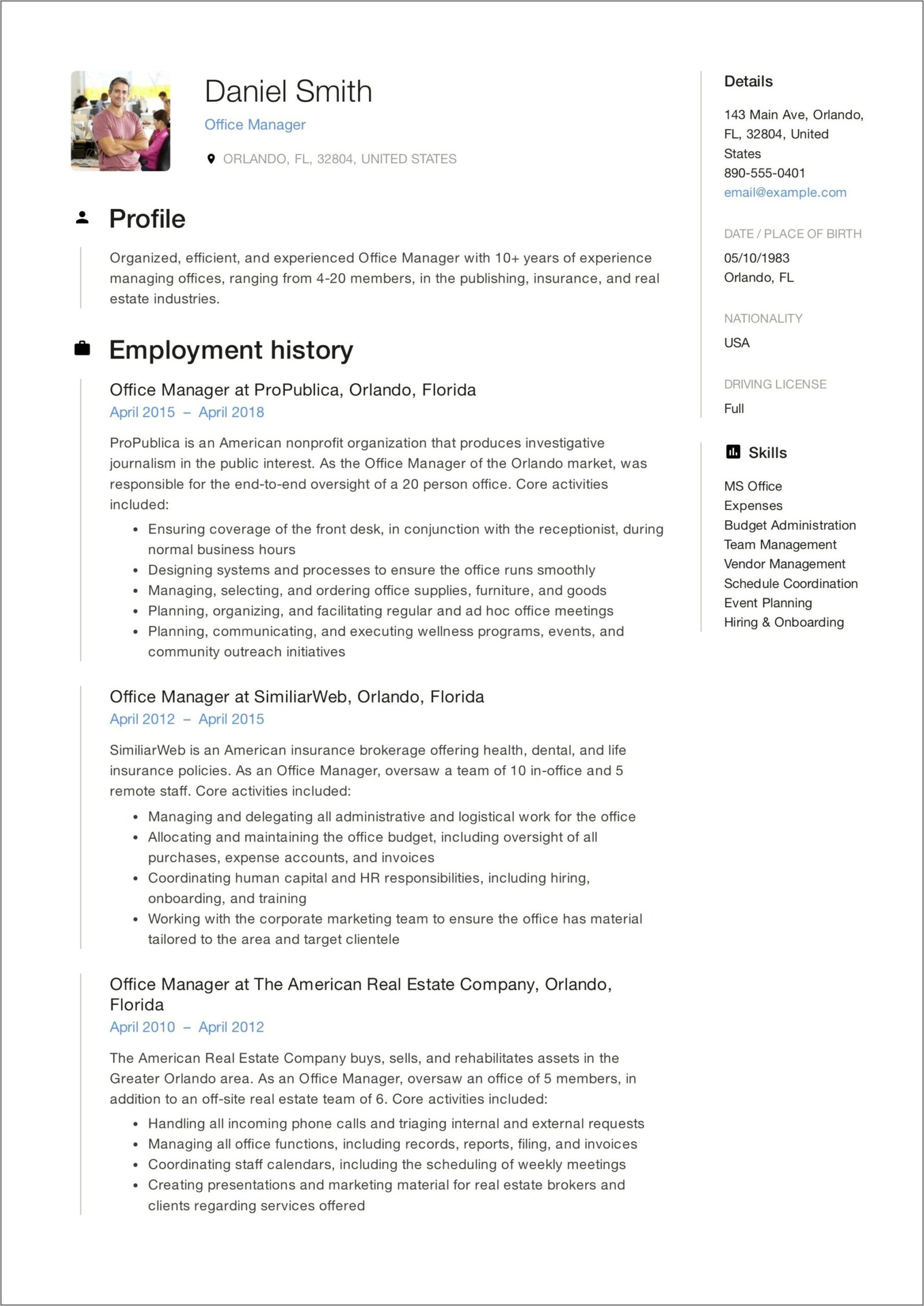 Email Office Manager Resume Template