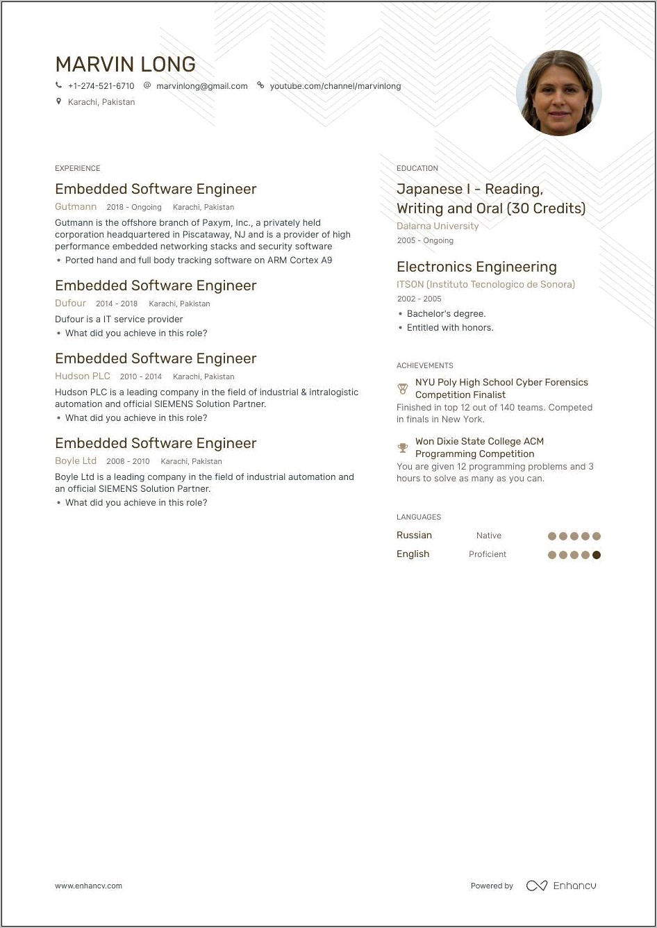 Embedded Developer Resume For 1 Year Experience