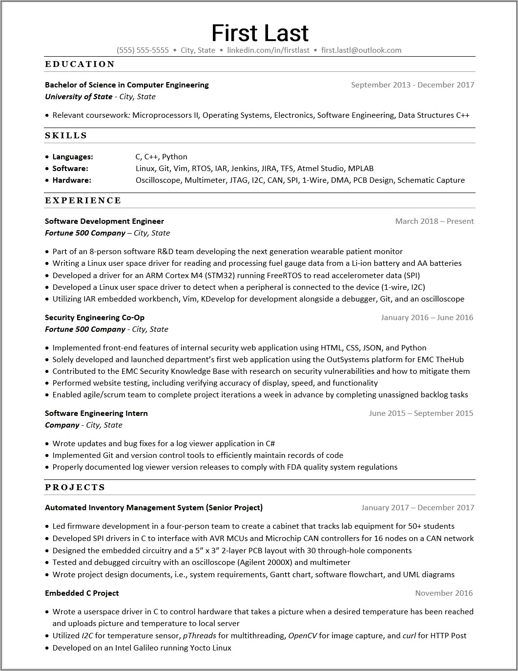 Embedded Systems Engineer No Experience Resume