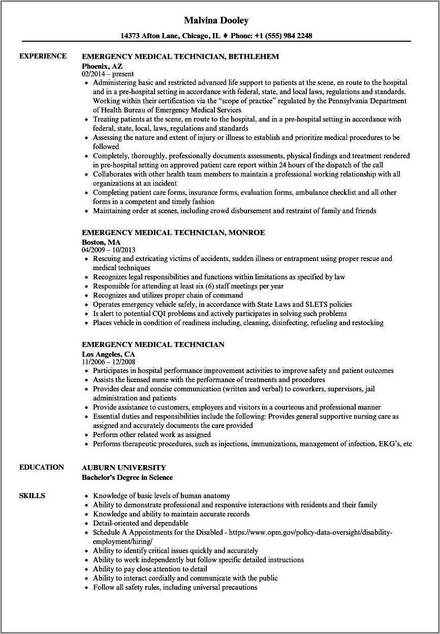 Emergency Medical Technician Resume Job Description