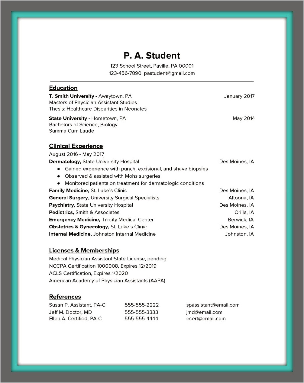 Emergency Medicine Resume Skill List Physician Assistant