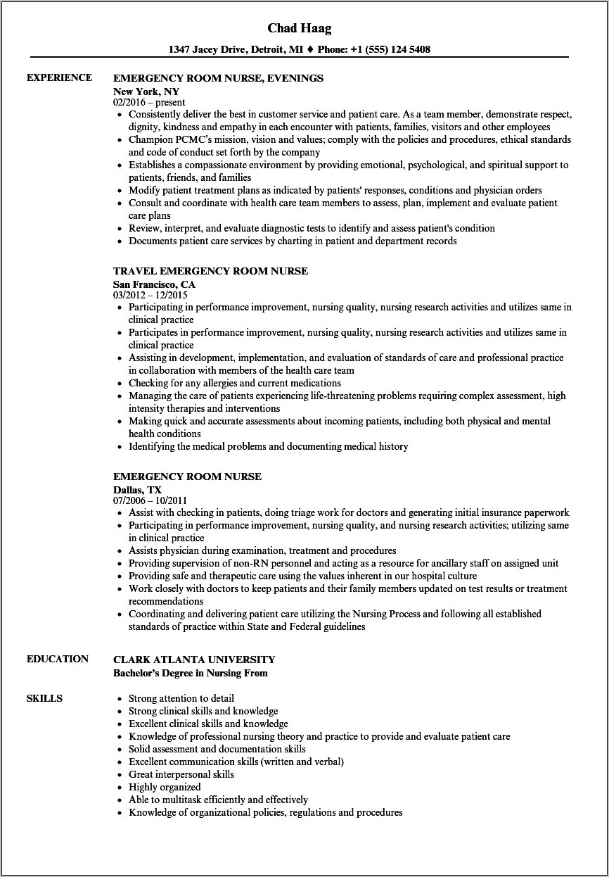 Emergency Nursing Clinical Description On Resume