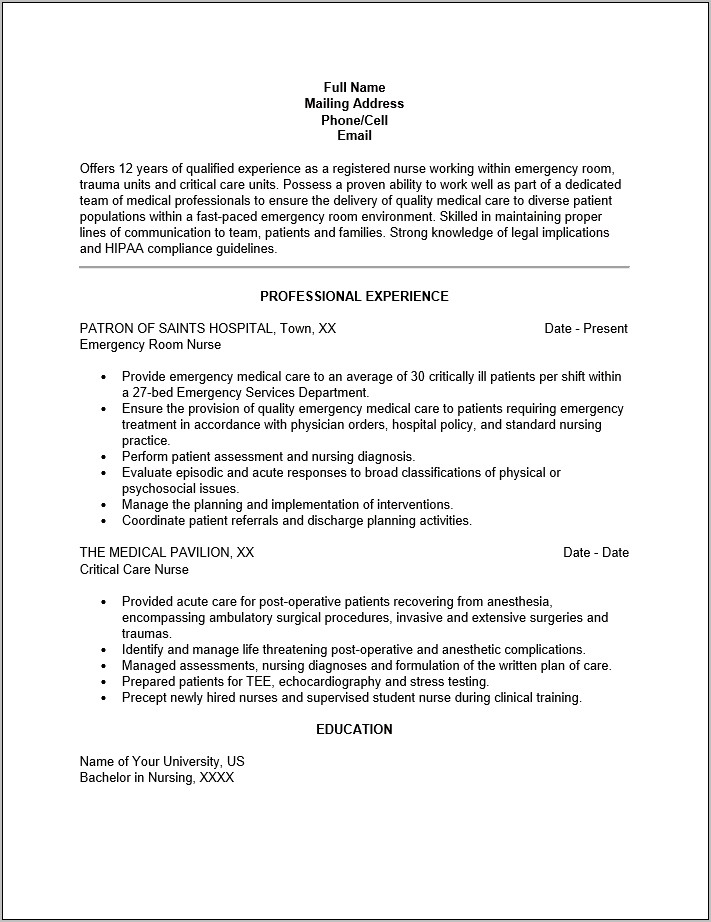Emergency Room Rn Job Description For Resume