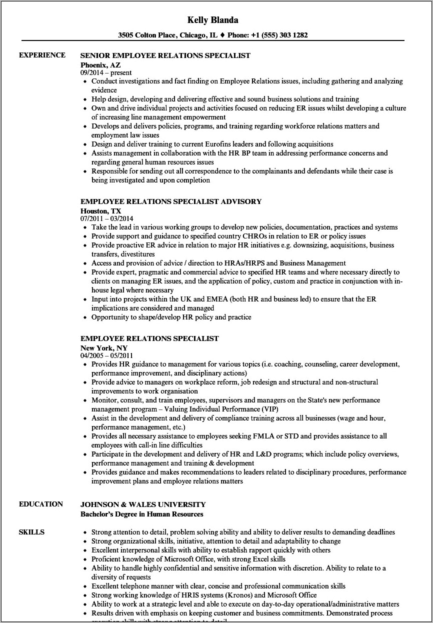 Employee Relations Manager Sensuring Compliance Resume