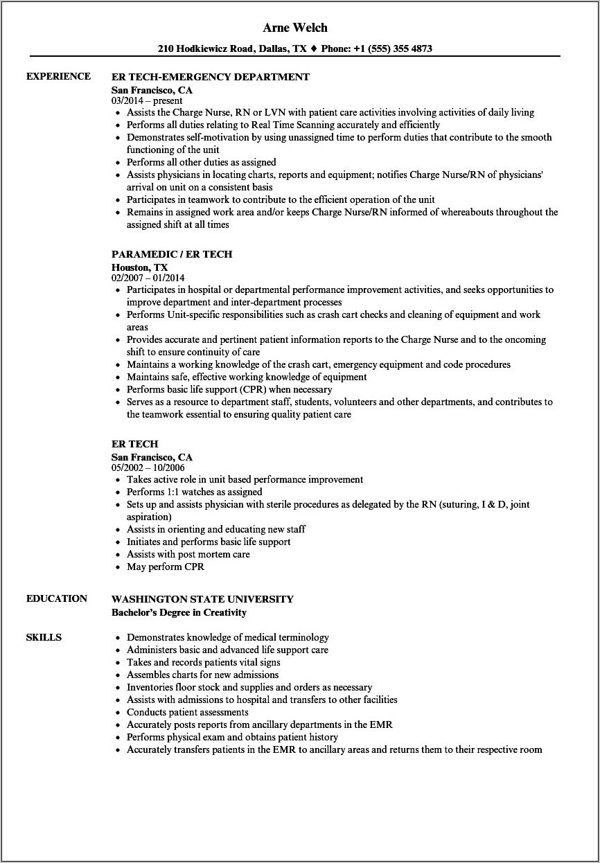 Emt Resume With No Experience Skills Example