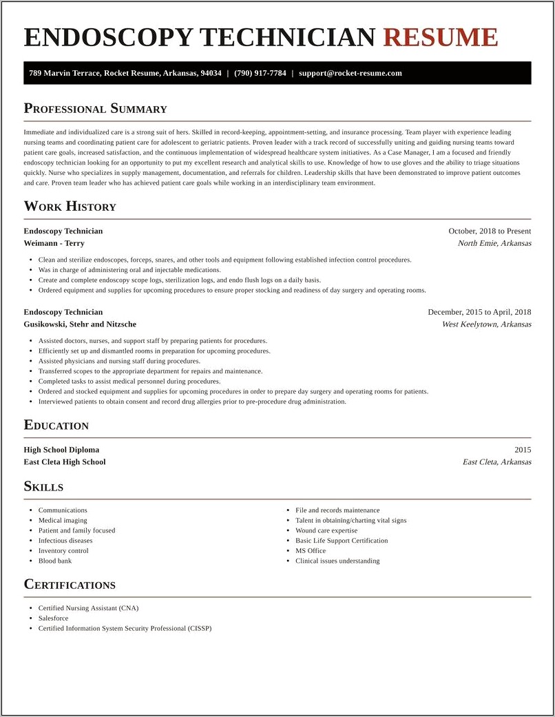 Endoscopy Technician Job Description For Resume