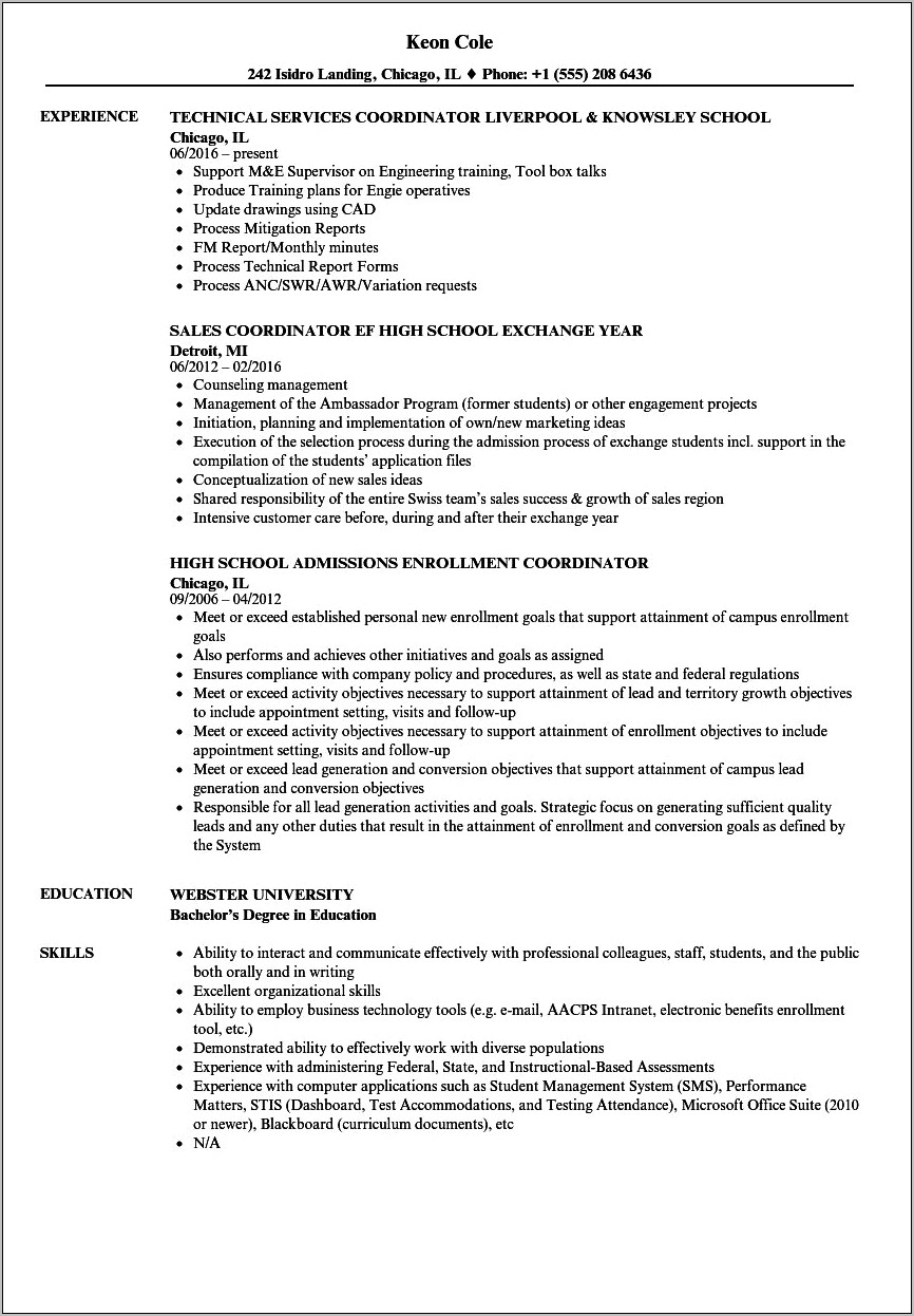 Enrollment And School Admissions Coordinator Resume