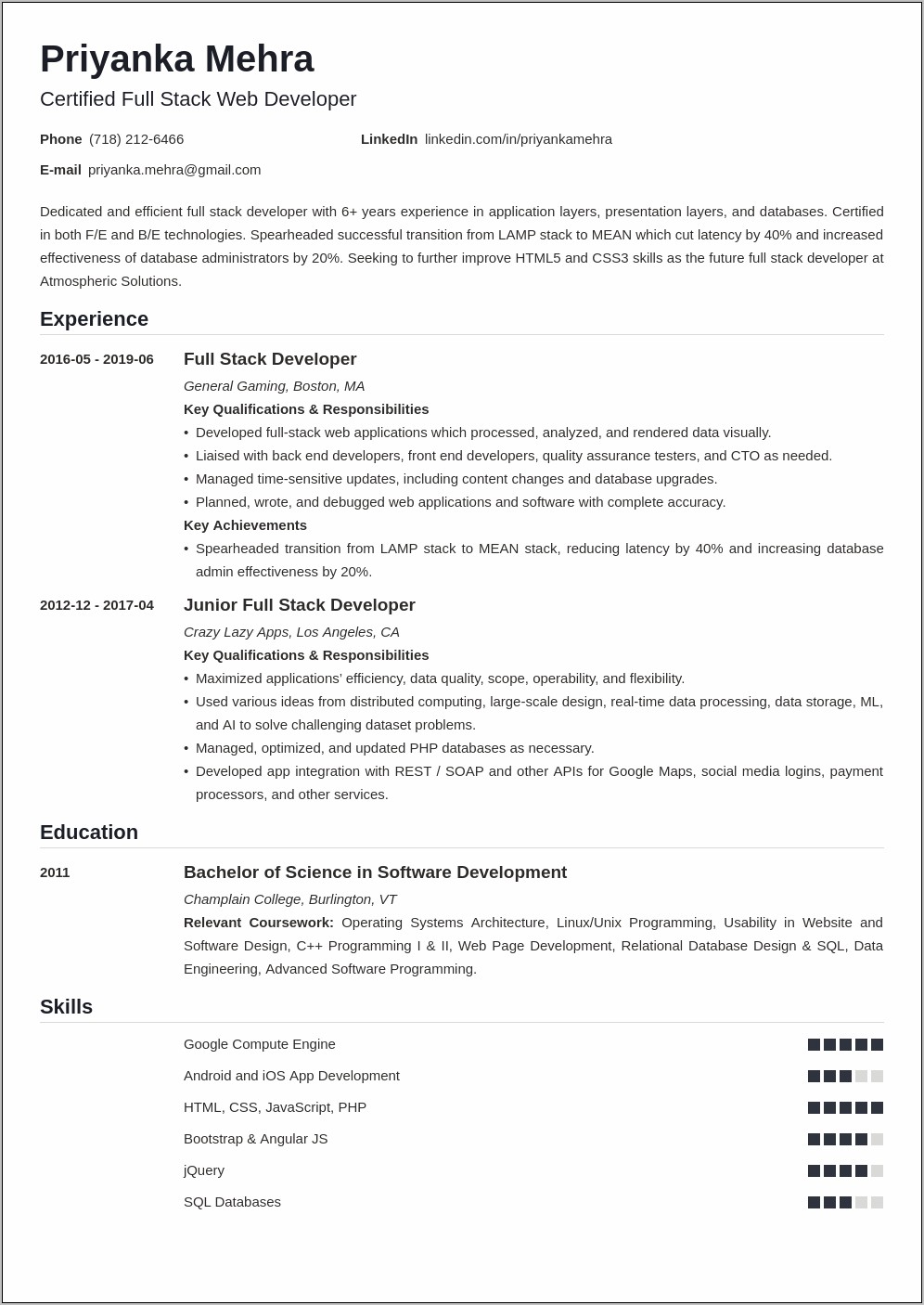 Entry Full Stack Developer Job Resume