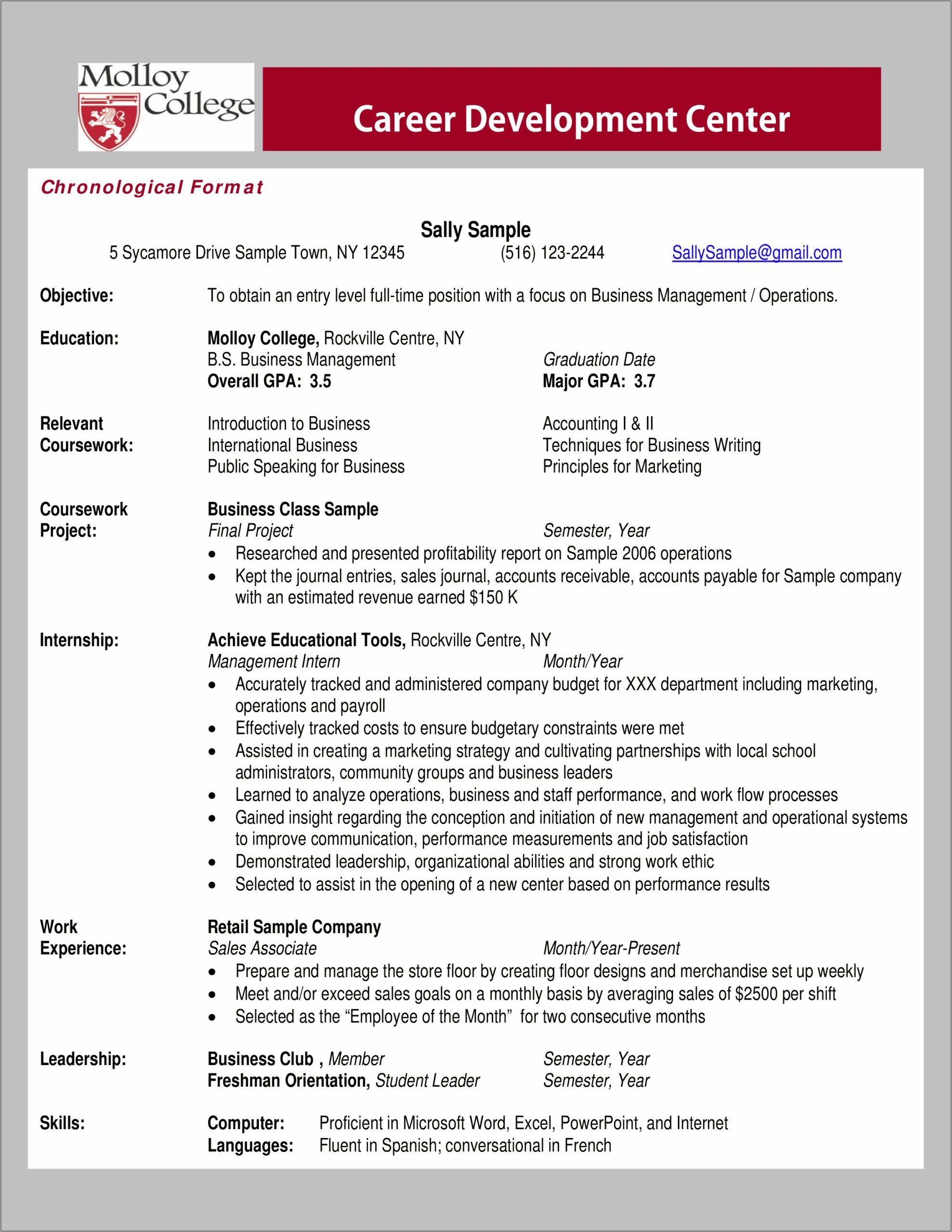 Entry Level Accounting Graduate Resume Sample