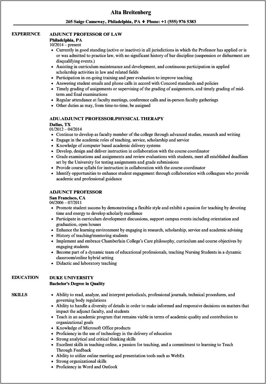 Entry Level Adjunct Professor Resume With No Experience