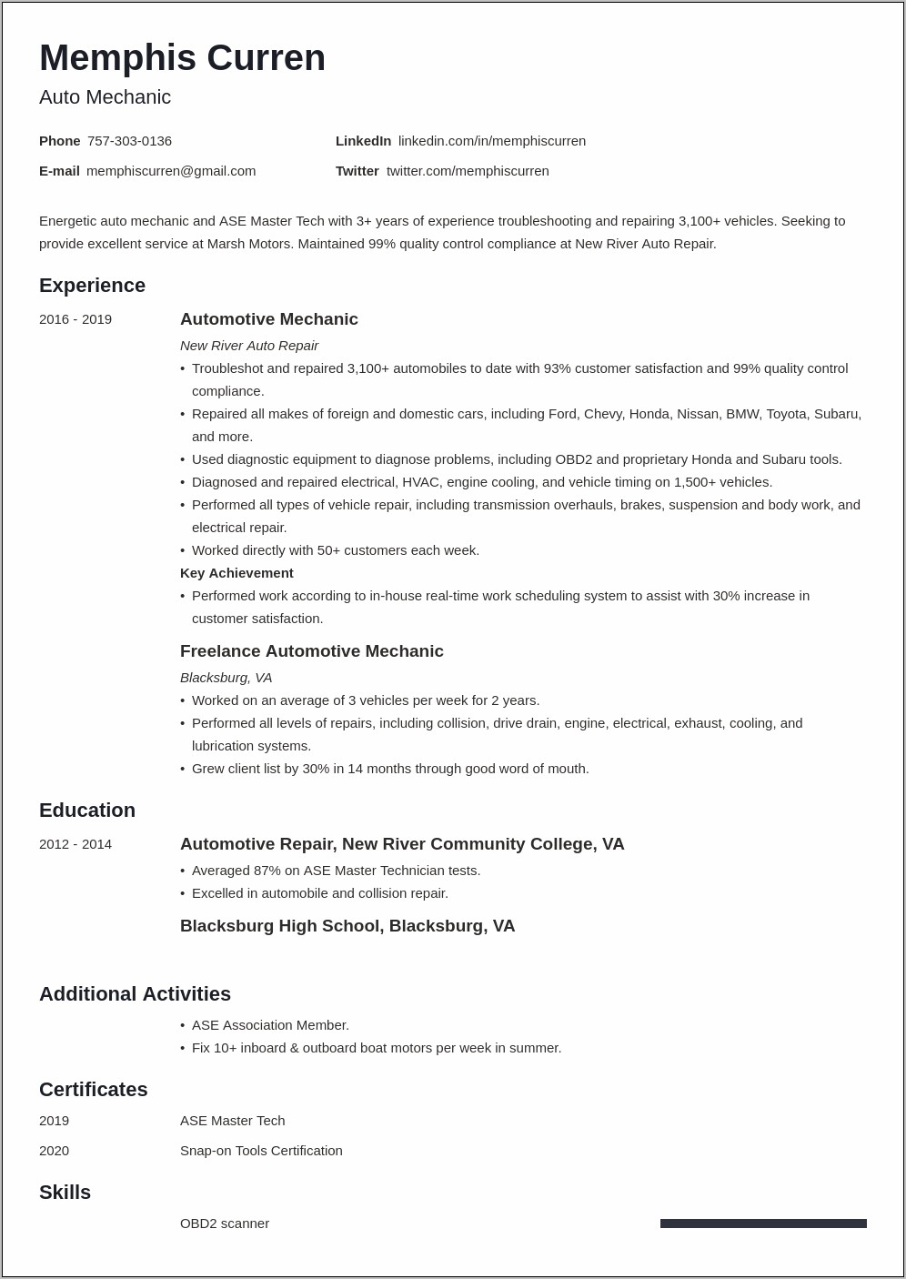 Entry Level Automotive Technician Resume With No Experience