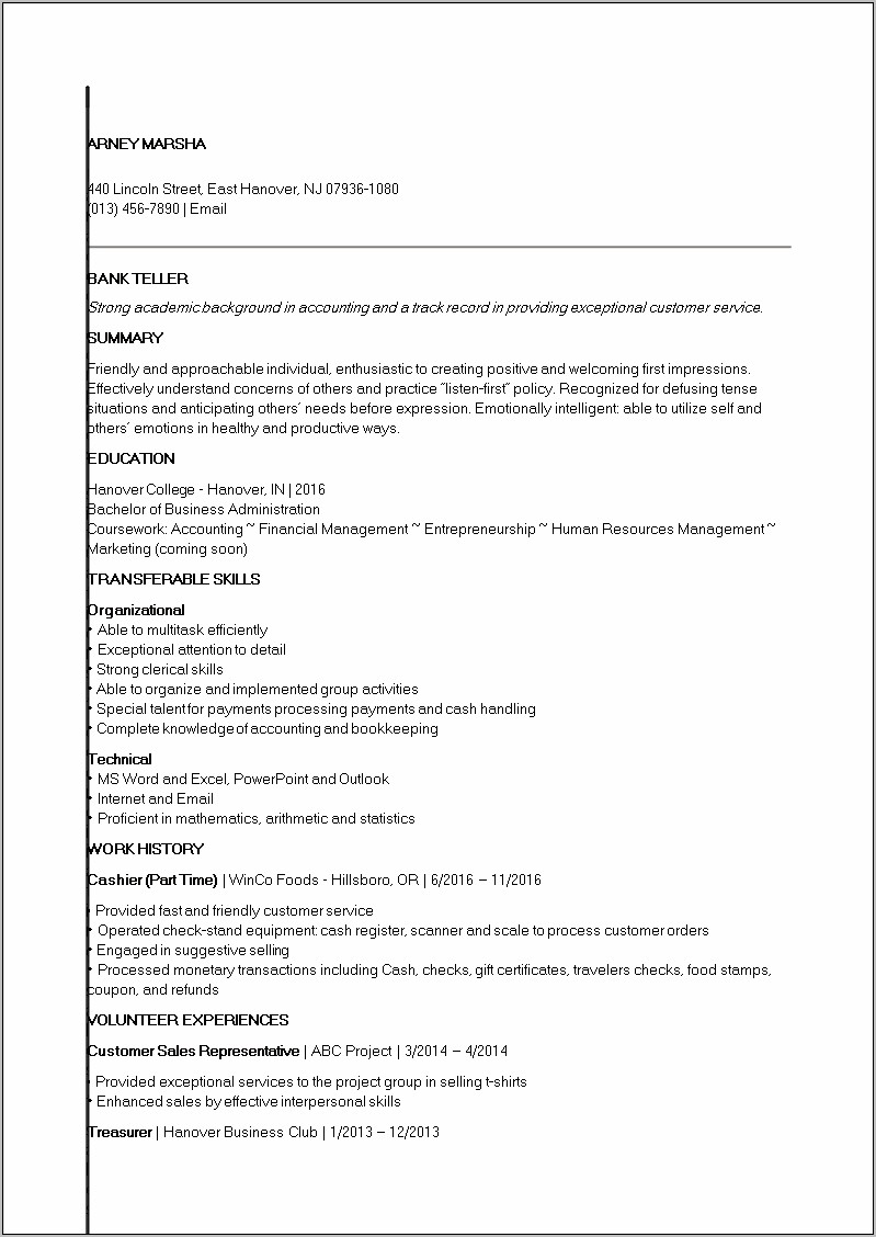 Entry Level Bank Teller Resume With No Experience