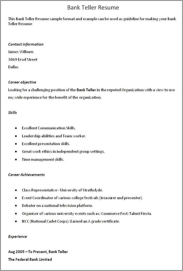 Entry Level Bank Teller Sample Resume