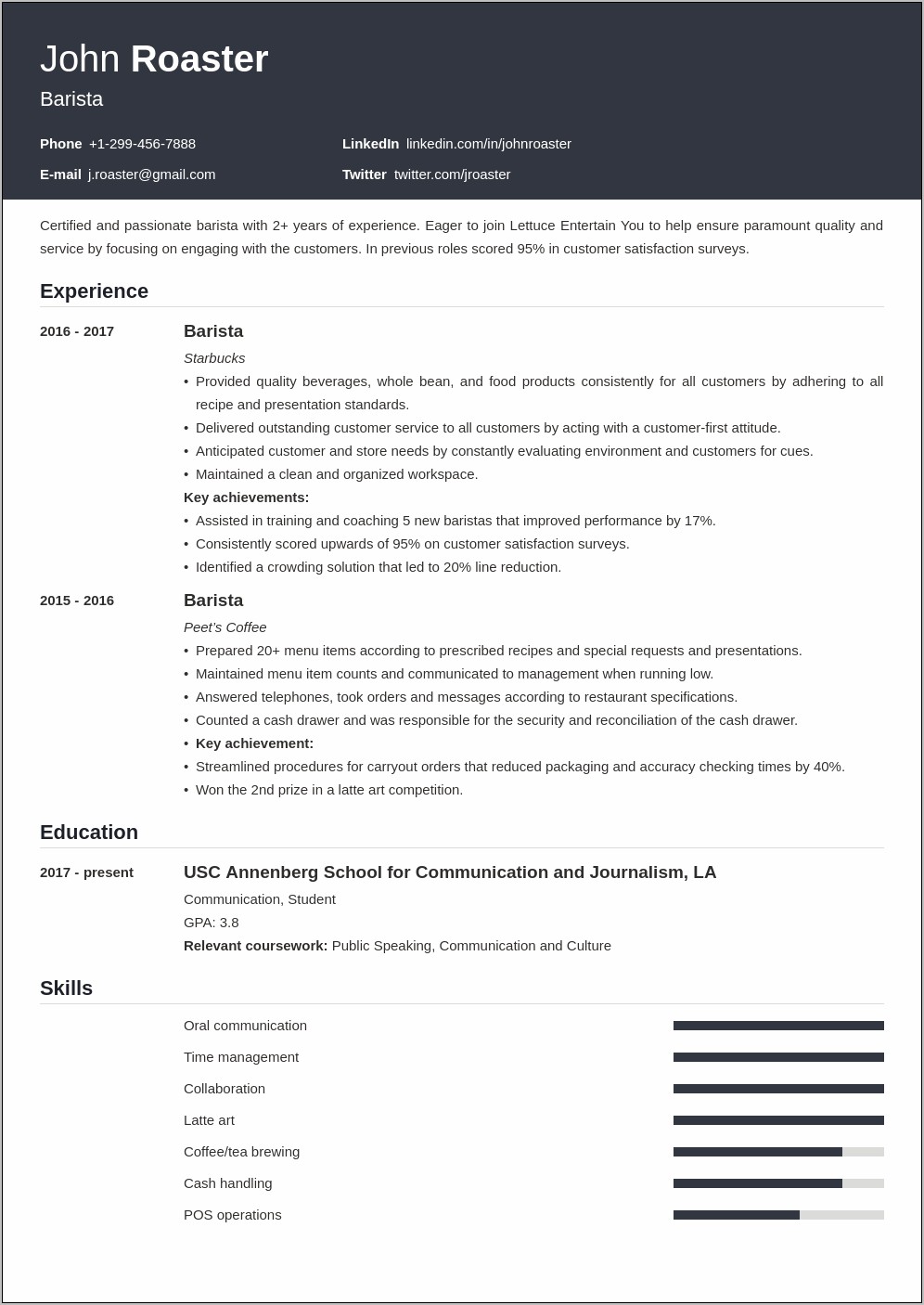 Entry Level Barista Resume Template Download